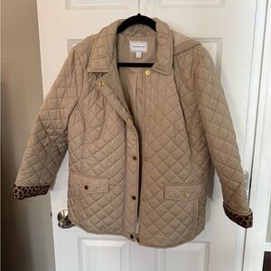 Charter Club Beige Quilted Jacket with Leopard Trim